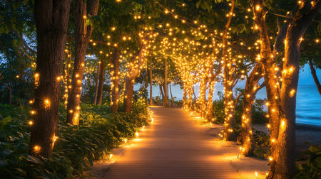 An inviting coastal pathway illuminated with twinkling lights creates a magical atmosphere, surrounded by lush trees, perfect for evening strolls or romantic moments under the stars.の素材