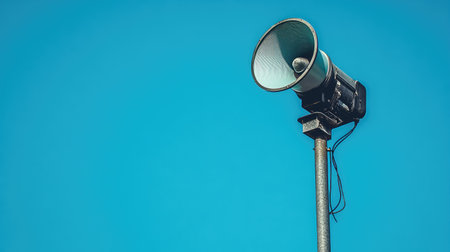 A vintage loudspeaker mounted on a metal pole rises against a bright blue sky, ideal for capturing the essence of audio communication in outdoor settings.の素材