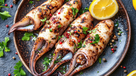 Enjoy the vibrant flavors of grilled squid garnished with fresh herbs and spices, beautifully presented with a lemon wedge, perfect for a sumptuous seafood feast.の素材