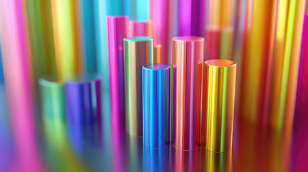 This captivating abstract image features vibrant cylinders in a spectrum of colors, beautifully reflecting light and creating a mesmerizing visual effect that energizes any space.の素材