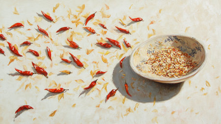An artistic still life featuring vibrant red chillies and textured rice in a decorative bowl. The composition highlights natural elements, creating a warm culinary atmosphere.の素材