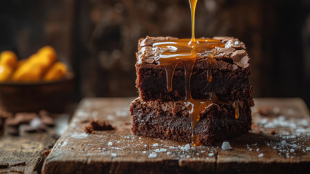 Irresistible chocolate brownies topped with a luscious caramel drizzle and a hint of sea salt, displayed on a rustic wooden board for a mouthwatering treat.の素材
