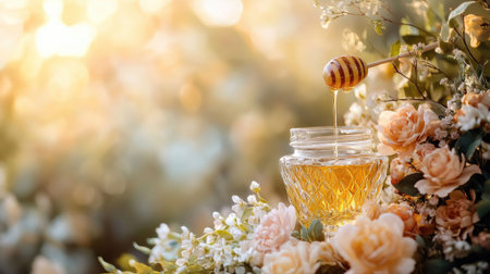 A stunning glass jar filled with golden honey sits among delicate flowers, capturing the essence of nature's sweetness in a tranquil sunlit garden atmosphere.の素材
