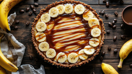A beautiful banana tart decorated with fresh banana slices and caramel drizzle, surrounded by coffee beans, perfect for any dessert lover looking for a delightful treat.の素材