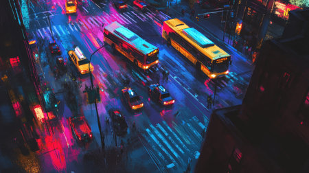 A lively urban night scene displaying vibrant buses and cars navigating a busy street illuminated by colorful neon lights and reflective wet surfaces, capturing the essence of city nightlife.の素材
