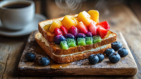 Indulge in a beautifully styled French toast topped with an array of fresh fruits and served beside a steaming cup of coffee, perfect for any breakfast or brunch occasion.の素材