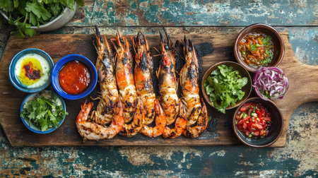 A vibrant display of grilled prawns accompanied by fresh herbs and flavorful dipping sauces on a rustic wooden surface, ideal for food and culinary photography.の素材