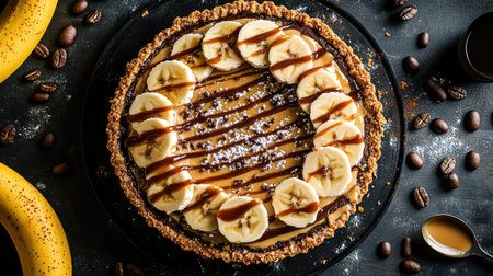 A stunning chocolate banana tart garnished with caramel drizzle and coffee beans, perfect for dessert lovers who enjoy a rich and indulgent treat.の素材