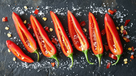 A striking arrangement of sliced red chili peppers on a dark slate board, sprinkled with sea salt, showcasing vibrant colors and textures, ideal for food photography.の素材