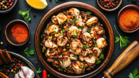 A delightful plate of grilled scallops garnished with fresh herbs and spices. This colorful dish is perfect for showcasing gourmet seafood in a vibrant culinary setting.の素材