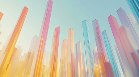 This vibrant abstract image showcases colorful vertical elements that create a stunning representation of a futuristic city skyline under a clear sky.の素材