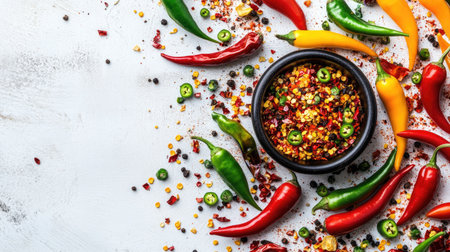 A stunning arrangement of fresh chilies and chili flakes in a bowl showcases vibrant colors, ideal for culinary enthusiasts seeking spice inspiration and visual delight in cooking.の素材