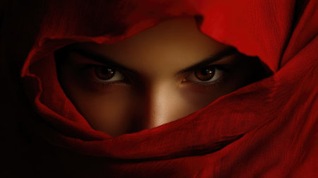 Closeup portrait of a woman wearing a red veil, showcasing her intense gaze and the interplay of light and shadow, evoking a sense of mystery and elegance.の素材