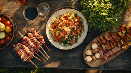 A delightful summer feast showcasing grilled meats, a fresh salad, and colorful vegetables on a rustic table. Perfect for outdoor dining with friends and family.の素材