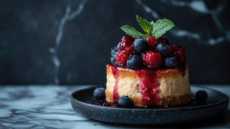 A delectable cheesecake topped with fresh berries and a mint sprig, beautifully arranged on a dark marble surface, perfect for dessert lovers and culinary enthusiasts alike.の素材