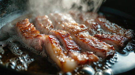 A close-up view of sizzling pork belly being cooked in a pan, with steam rising and flavorful fat dripping, creating an appetizing and mouthwatering scene.の素材