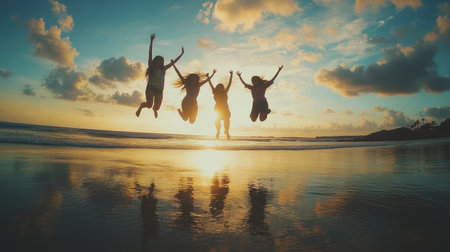 Four friends joyfully leap together at the beach during sunset, creating silhouettes against the vibrant sky and reflecting in the calm ocean, symbolizing freedom and happiness.の素材