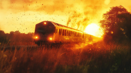 Experience a stunning sunset train journey through golden fields, capturing the beauty of nature and the thrill of travel in a serene, picturesque landscape.の素材