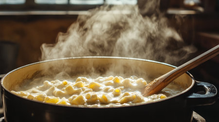 A steaming pot of creamy soup simmers on the stove, creating an inviting kitchen atmosphere. Enjoy the wholesome comfort food with a wooden spoon stirring.の素材