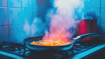A colorful arrangement of fresh vegetables sizzling in a pan, creating an aromatic steam against a softly lit kitchen backdrop, capturing the essence of vibrant cooking.の素材