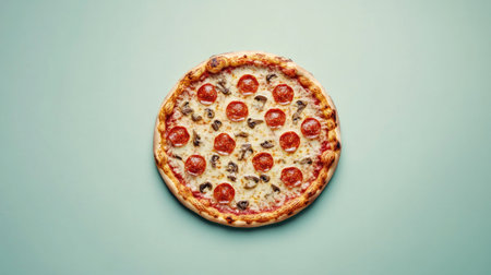 A mouthwatering pepperoni pizza showcases melted cheese and fresh mushrooms, set against a light green backdrop. Ideal for food-themed projects and menus.の素材