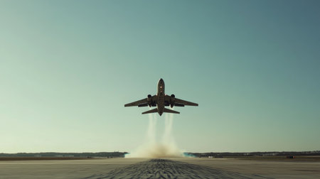 An impressive view of an airplane lifting off from the runway during a vibrant sunset, highlighting the thrill and power of air travel against a clear blue sky.の素材