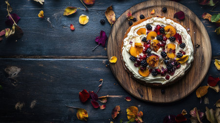 A beautifully presented cake adorned with fresh fruits and colorful petals, resting on a rustic wooden board, perfect for seasonal celebrations and delightful gatherings.の素材