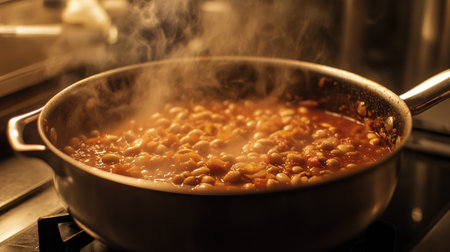 A pot of hearty bean stew simmers on the stove, releasing aromatic steam into a cozy kitchen, showcasing a warm and inviting cooking atmosphere perfect for culinary enthusiasts.の素材