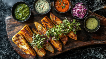 A beautifully arranged grilled vegetable platter served with fresh herbs and a variety of colorful sauces on a dark marble background, perfect for food lovers.の素材