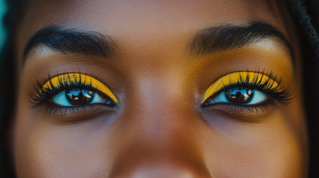 This artistic close-up captures a stunning model with vibrant yellow eye makeup and lush eyelashes, showcasing a powerful expression of modern beauty and individuality.の素材