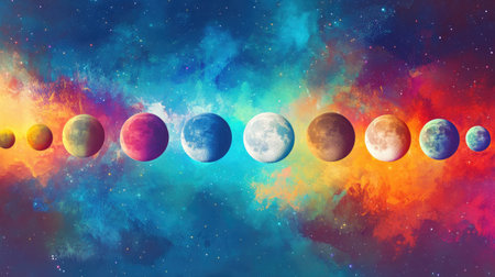 Explore a mesmerizing cosmic scene showcasing planets against a vibrant and colorful background, blending blues, purples, and reds, inspiring a sense of awe and cosmic wonder.の素材