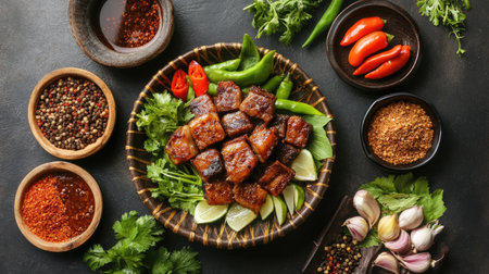 A vibrant grilled meat platter showcasing various spices and fresh ingredients, ideal for food photography, recipes, and culinary inspiration. Perfect for health-conscious meals.の素材