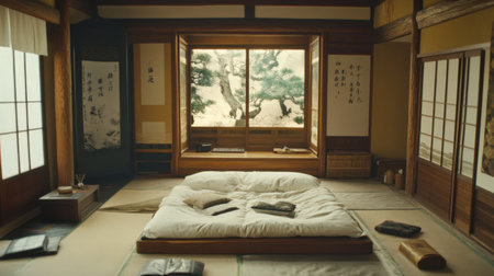 A serene Japanese room featuring a futon on tatami mats and a picturesque window view, blending traditional decor with a peaceful ambiance for relaxation.の素材