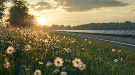 Experience a peaceful sunrise over a vibrant meadow filled with daisies and lush grass beside a tranquil country road, capturing the beauty of nature in the early morning light.の素材