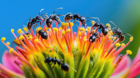A mesmerizing close-up view showing black ants actively engaged on a colorful flower stamen, highlighting the intricate details of nature's vibrant ecosystem.の素材