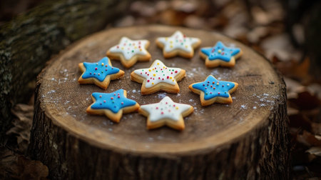 A delightful arrangement of star-shaped cookies with vibrant icing and sprinkles on a rustic wooden slice, surrounded by autumn leaves, creating a warm seasonal vibe.の素材