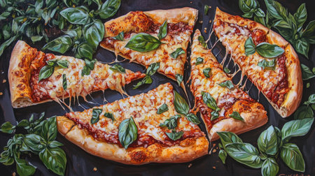 Experience the richness of gourmet pizza with tantalizing slices topped with cheese and fresh basil over a luscious tomato base, showcasing culinary art and flavor.の素材