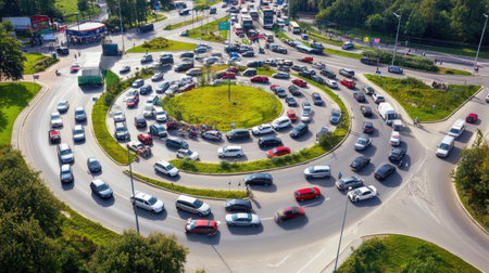 This aerial image captures a vibrant traffic roundabout filled with cars, surrounded by lush greenery and urban infrastructure, showcasing the dynamics of city life.の素材