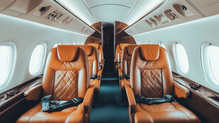Discover the stunning interior of a private jet cabin designed for luxury and comfort, featuring rich leather seats and a stylish, spacious environment perfect for high-end travel.の素材