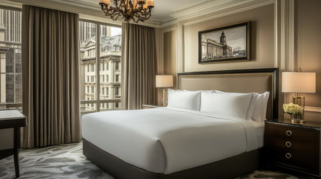 A beautifully designed luxurious bedroom featuring a king-sized bed with plush linens, elegant bedside tables, and a chandelier casting a warm glow.の素材