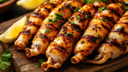 A close-up of perfectly grilled squid tentacles, glistening with a light marinade, served on a wooden platter with a sprinkle of fresh herbs and lemon wedges.の素材
