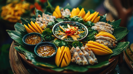 A beautifully plated dish showcasing fresh mango slices surrounded by dipping bowls of sweet fish sauce, emphasizing the contrast of colors and textures.の素材