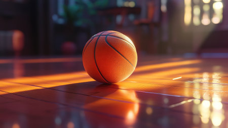 A close-up of an orange basketball resting on a polished wooden court, showcasing its textured surface and vibrant color under the bright gym lights.の素材