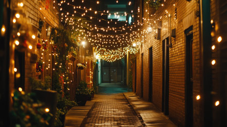 A charming alleyway adorned with string lights and greenery, creating a cozy and inviting space perfect for a nighttime gathering or quiet reflection.の素材