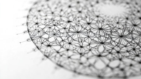 A close-up of intricate geometric patterns made from thin black lines on a white background, showcasing symmetry and precision in graphic design.の素材