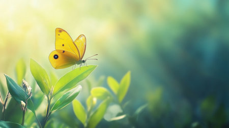 A vibrant yellow butterfly delicately rests on fresh green leaves, capturing the essence of nature's beauty and tranquility under soft sunlight.の素材