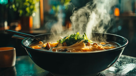 A steaming bowl of noodle soup showcases fresh herbs and colorful vegetables, evoking warmth and comfort. Perfect for culinary enthusiasts or food lovers.の素材