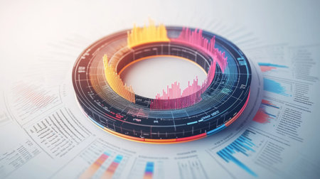 Eye-catching circular data visualization featuring colorful graphs and charts, ideal for presentations, reports, and digital marketing. Perfect for showcasing statistics and analytics in a modern design.の素材