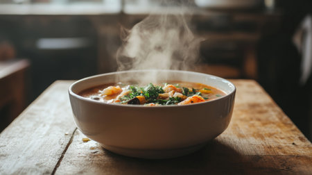 This image showcases a steaming bowl of delicious soup filled with fresh vegetables and shrimp, presented on a rustic wooden table, perfect for any meal.の素材