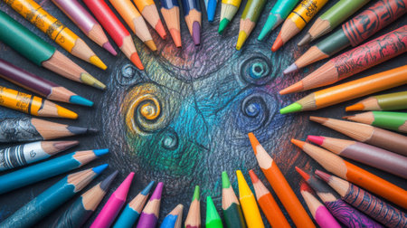 A vibrant array of crayons encircles a colorful whirl design on a textured paper surface, showcasing creativity and artistic expression in a playful arrangement.の素材